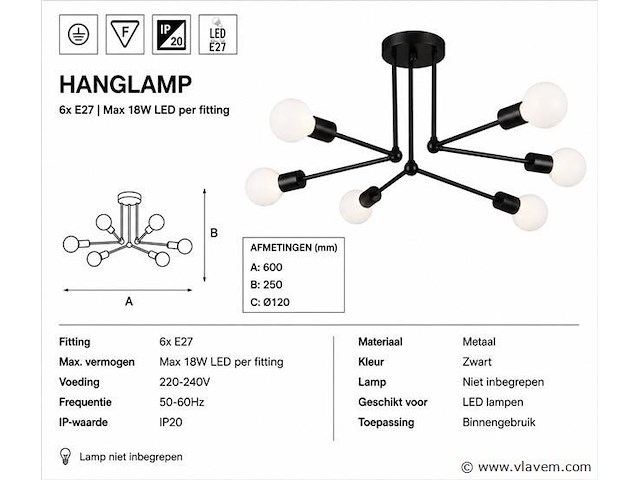 Led hanglamp max 18w – 6x e27 – zwart – 600x250mm – ip20 – lorenzo-6 - afbeelding 4 van  5