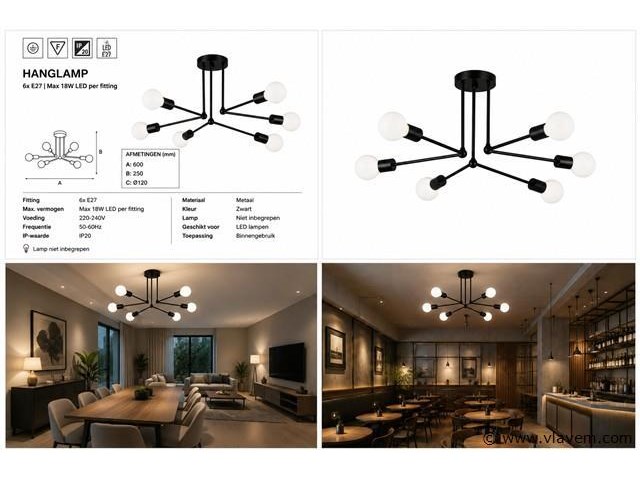 Led hanglamp max 18w – 6x e27 – zwart – 600x250mm – ip20 – lorenzo-6 - afbeelding 5 van  5