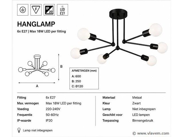 Led hanglamp max 18w – 6x e27 – zwart – 600x250mm – ip20 – lorenzo-6 - afbeelding 4 van  5