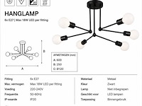 Led hanglamp max 18w – 6x e27 – zwart – 600x250mm – ip20 – lorenzo-6 - afbeelding 4 van  5