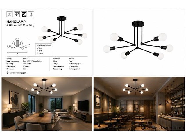 Led hanglamp max 18w – 6x e27 – zwart – 600x250mm – ip20 – lorenzo-6 - afbeelding 5 van  5