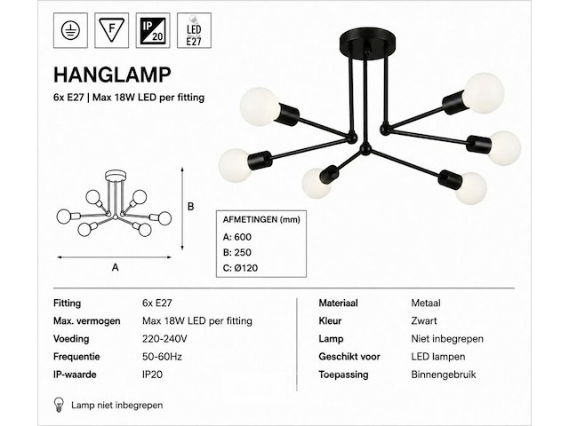 Led hanglamp max 18w – 6x e27 – zwart – 600x250mm – ip20 – lorenzo-6 - afbeelding 5 van  6
