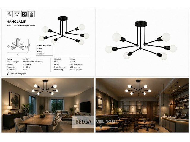 Led hanglamp max 18w – 6x e27 – zwart – 600x250mm – ip20 – lorenzo-6 - afbeelding 6 van  6