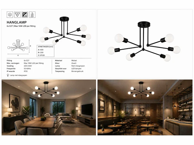 Led hanglamp max 18w – 6x e27 – zwart – 600x250mm – ip20 – lorenzo-6 - afbeelding 5 van  5
