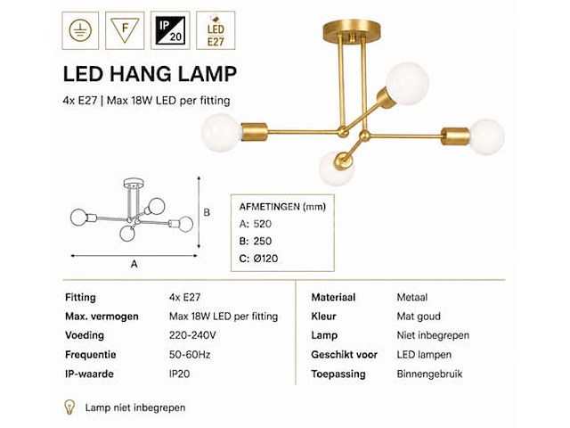 Led hanglamp max 18w – e27 – goud – 520x250mm – ip20 – lorenzo-4 - afbeelding 5 van  5