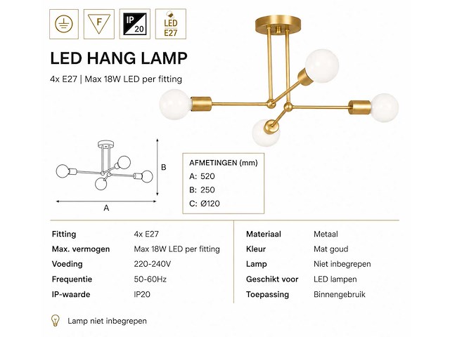 Led hanglamp max 18w – e27 – goud – 520x250mm – ip20 – lorenzo-4 - afbeelding 3 van  4