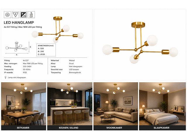 Led hanglamp max 18w – e27 – goud – 520x250mm – ip20 – lorenzo-4 - afbeelding 4 van  4