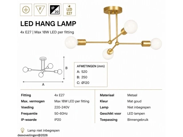 Led hanglamp max 18w – e27 – goud – 520x250mm – ip20 – lorenzo-4 - afbeelding 5 van  6