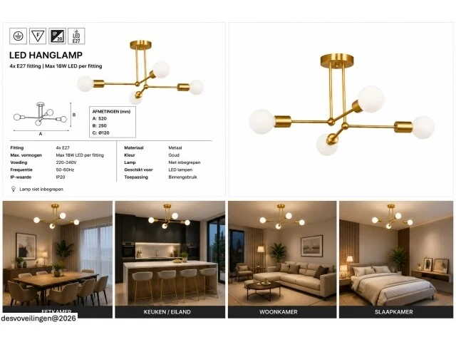 Led hanglamp max 18w – e27 – goud – 520x250mm – ip20 – lorenzo-4 - afbeelding 6 van  6