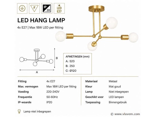 Led hanglamp max 18w – e27 – goud – 520x250mm – ip20 – lorenzo-4 - afbeelding 4 van  5
