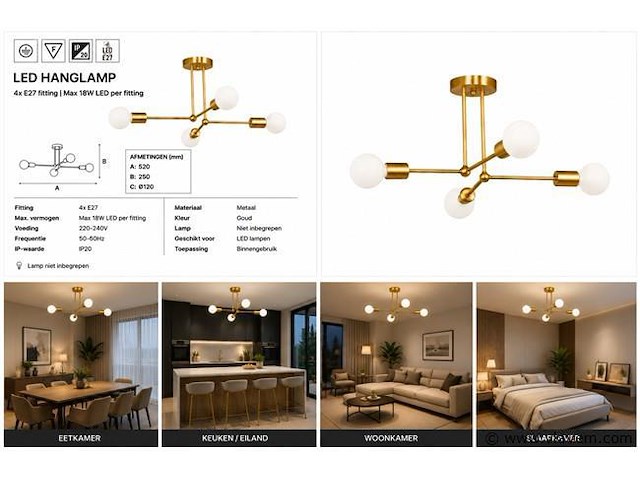 Led hanglamp max 18w – e27 – goud – 520x250mm – ip20 – lorenzo-4 - afbeelding 5 van  5