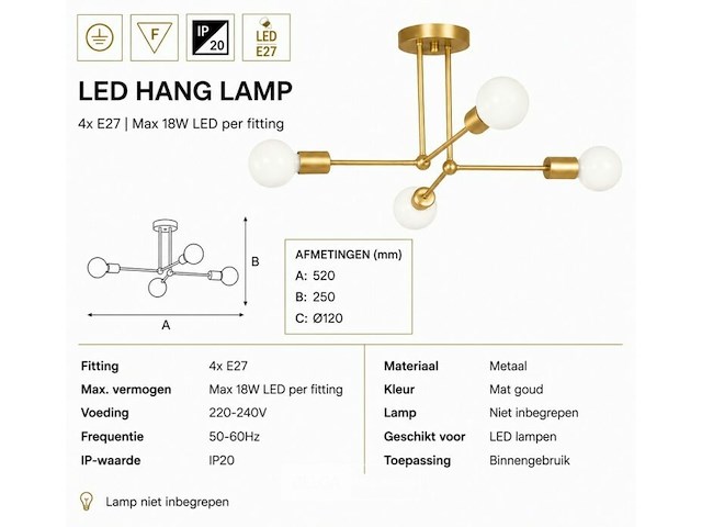 Led hanglamp max 18w – e27 – goud – 520x250mm – ip20 – lorenzo-4 - afbeelding 5 van  6