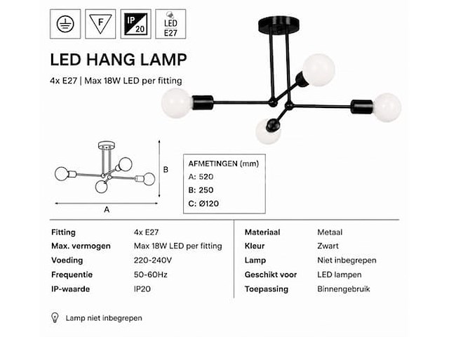 Led hanglamp max 18w – e27 – zwart – 520x250mm – ip20 – lorenzo-4 - afbeelding 1 van  5