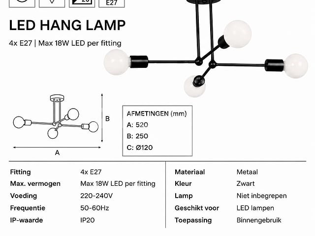 Led hanglamp max 18w – e27 – zwart – 520x250mm – ip20 – lorenzo-4 - afbeelding 3 van  5
