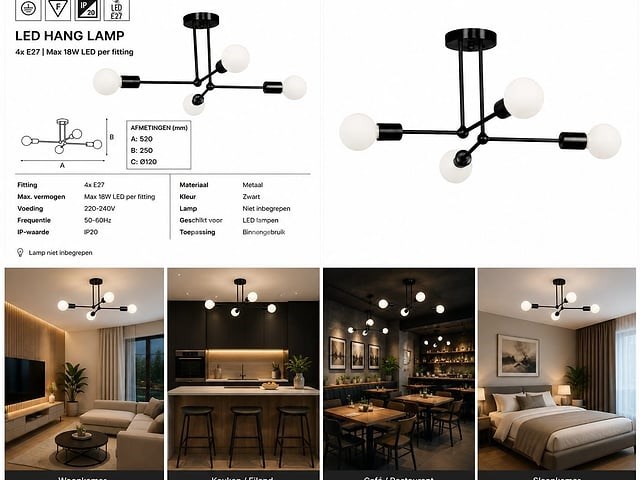 Led hanglamp max 18w – e27 – zwart – 520x250mm – ip20 – lorenzo-4 - afbeelding 4 van  5