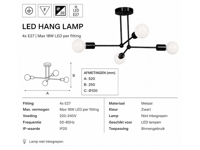 Led hanglamp max 18w – e27 – zwart – 520x250mm – ip20 – lorenzo-4 - afbeelding 4 van  5