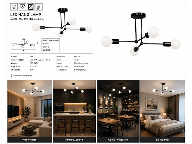 Led hanglamp max 18w – e27 – zwart – 520x250mm – ip20 – lorenzo-4 - afbeelding 5 van  5