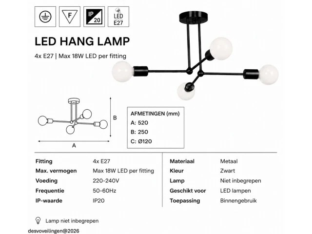 Led hanglamp max 18w – e27 – zwart – 520x250mm – ip20 – lorenzo-4 - afbeelding 5 van  6