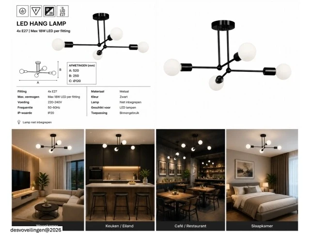 Led hanglamp max 18w – e27 – zwart – 520x250mm – ip20 – lorenzo-4 - afbeelding 6 van  6