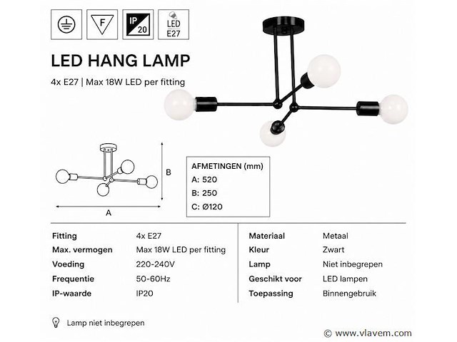 Led hanglamp max 18w – e27 – zwart – 520x250mm – ip20 – lorenzo-4 - afbeelding 4 van  5