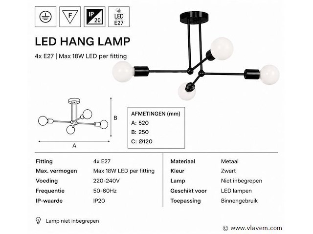 Led hanglamp max 18w – e27 – zwart – 520x250mm – ip20 – lorenzo-4 - afbeelding 4 van  5