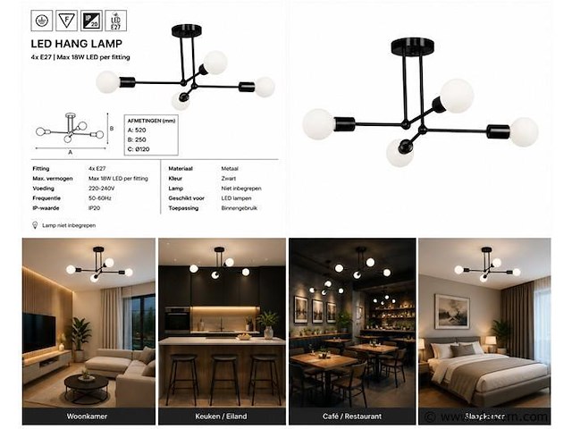 Led hanglamp max 18w – e27 – zwart – 520x250mm – ip20 – lorenzo-4 - afbeelding 5 van  5