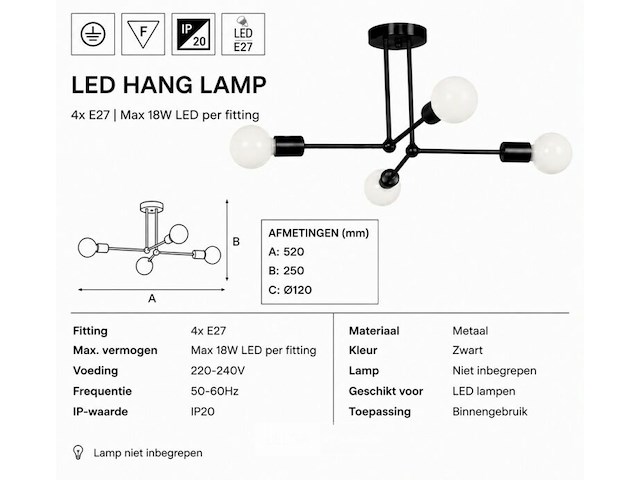 Led hanglamp max 18w – e27 – zwart – 520x250mm – ip20 – lorenzo-4 - afbeelding 5 van  6