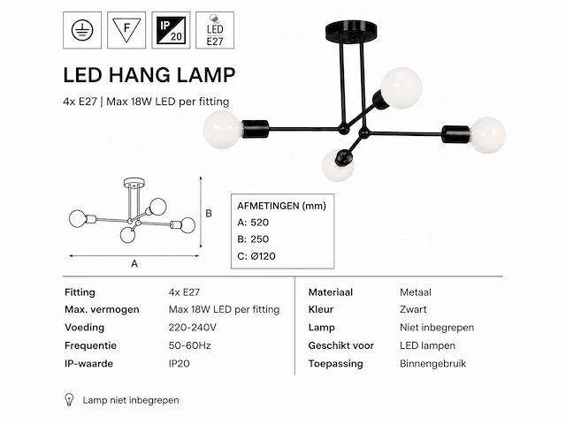 Led hanglamp max 18w – e27 – zwart – 520x250mm – ip20 – lorenzo-4 - afbeelding 4 van  5