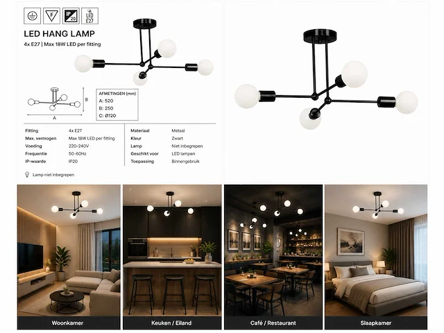 Led hanglamp max 18w – e27 – zwart – 520x250mm – ip20 – lorenzo-4 - afbeelding 5 van  5
