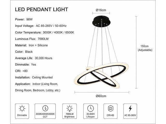 Led kroonluchter – 3 kleuren – dimbaar – p7060/2 - afbeelding 3 van  4