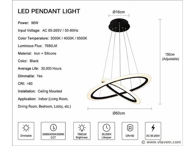 Led kroonluchter – 3 kleuren – dimbaar – p7060/2 - afbeelding 3 van  4