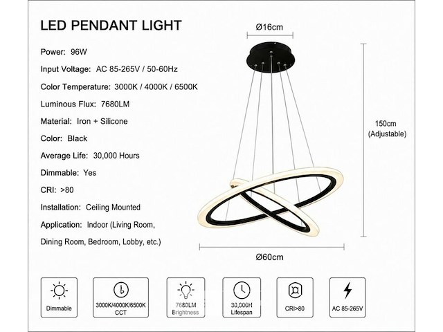 Led kroonluchter – 3 kleuren – dimbaar – p7060/2 - afbeelding 4 van  5
