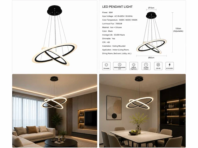 Led kroonluchter – 3 kleuren – dimbaar – p7060/2 - afbeelding 4 van  4