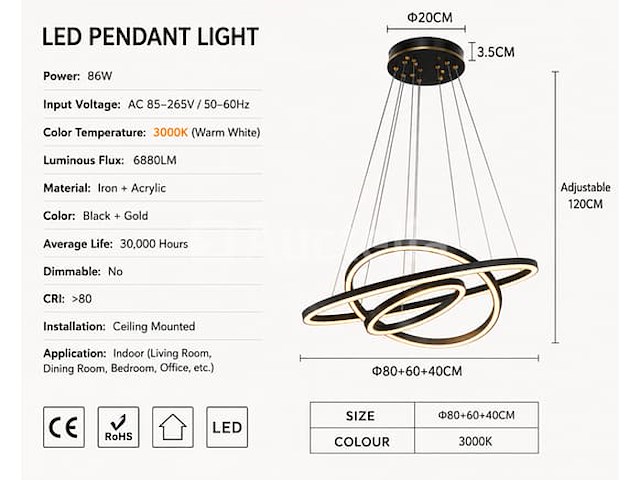 Led kroonluchter – 3 kleuren – dimbaar – p7060/3 - afbeelding 3 van  4