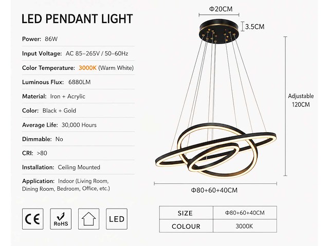 Led kroonluchter – 3 kleuren – dimbaar – p7060/3 - afbeelding 3 van  4