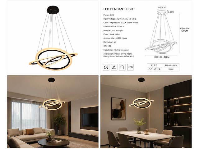 Led kroonluchter – 3 kleuren – dimbaar – p7060/3 - afbeelding 4 van  4