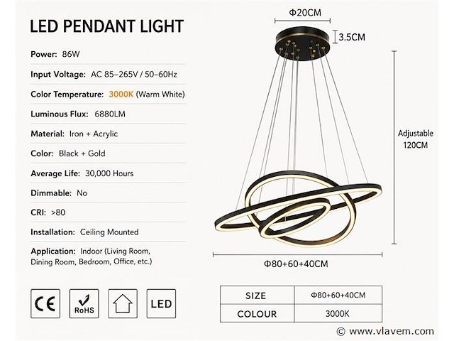 Led kroonluchter – 3 kleuren – dimbaar – p7060/3 - afbeelding 3 van  4
