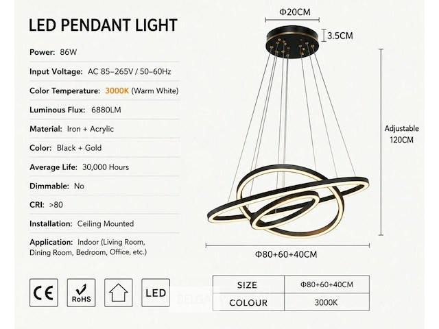 Led kroonluchter – 3 kleuren – dimbaar – p7060/3 - afbeelding 4 van  5