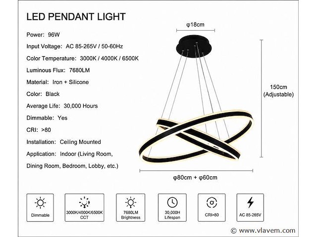 Led kroonluchter – 3 kleuren – dimbaar – p7065/2 - afbeelding 3 van  4
