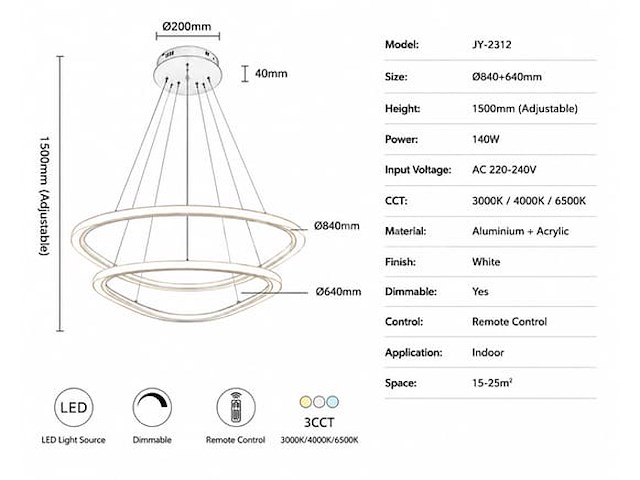 Led kroonluchter – 3 kleuren – dimbaar – p7068/2b - afbeelding 3 van  4