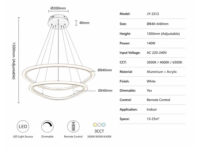 Led kroonluchter – 3 kleuren – dimbaar – p7068/2b - afbeelding 3 van  4