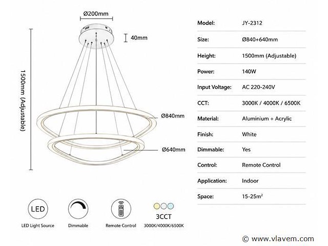 Led kroonluchter – 3 kleuren – dimbaar – p7068/2b - afbeelding 3 van  4