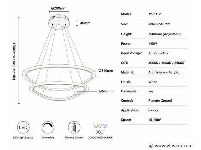 Led kroonluchter – 3 kleuren – dimbaar – p7068/2b - afbeelding 3 van  4