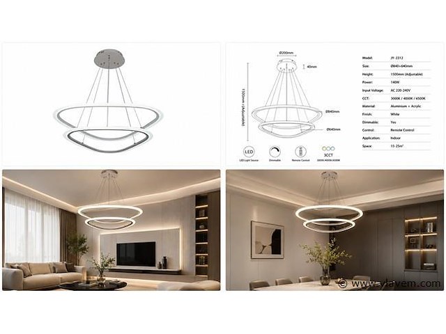 Led kroonluchter – 3 kleuren – dimbaar – p7068/2b - afbeelding 4 van  4