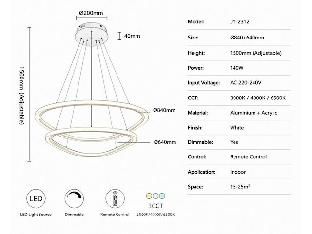 Led kroonluchter – 3 kleuren – dimbaar – p7068/2b - afbeelding 4 van  5