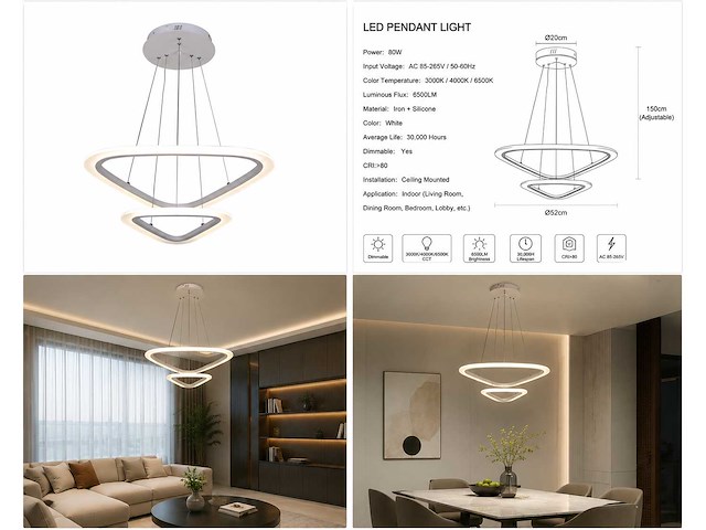 Led kroonluchter – 3 kleuren – dimbaar – p7068/2s - afbeelding 4 van  4