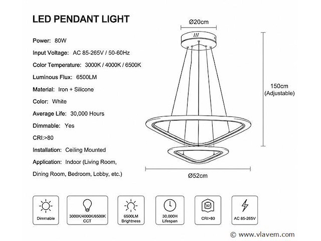 Led kroonluchter – 3 kleuren – dimbaar – p7068/2s - afbeelding 3 van  4