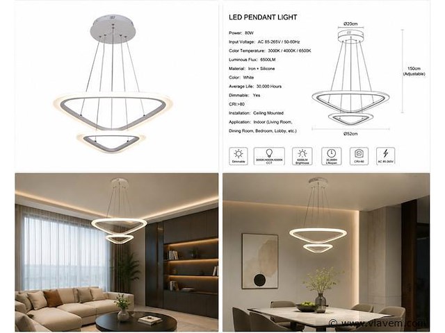 Led kroonluchter – 3 kleuren – dimbaar – p7068/2s - afbeelding 4 van  4