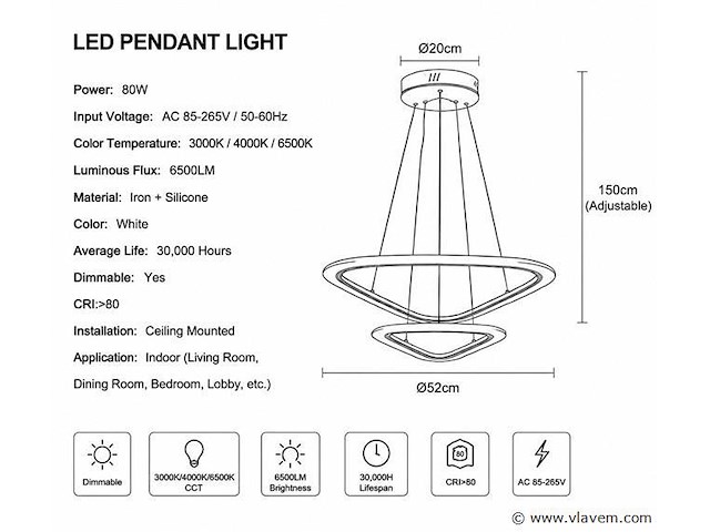 Led kroonluchter – 3 kleuren – dimbaar – p7068/2s - afbeelding 3 van  4