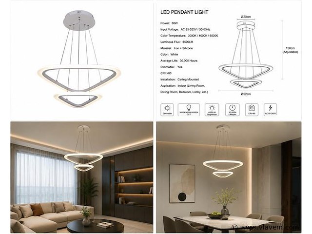 Led kroonluchter – 3 kleuren – dimbaar – p7068/2s - afbeelding 4 van  4